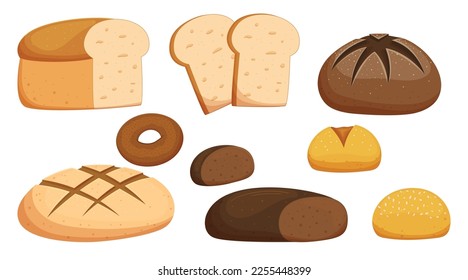 Set Of Bread And Different Bakery Production. Isolated Toast, Loaf, Bun with Sesame Or Rye Donut Pastry Collection. Fresh Bake House Flour Cereal Whole or Sliced Products. Cartoon Vector Illustration