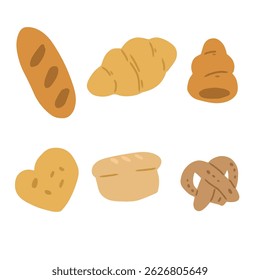 a set of bread doodle. Croissant, Heart Cookies, Pretzel, Loaf Bread