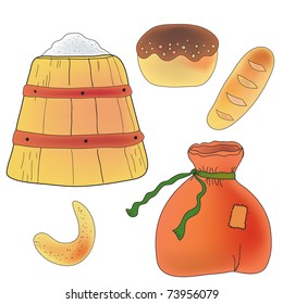 Set of bread, flour and ingredients for baker