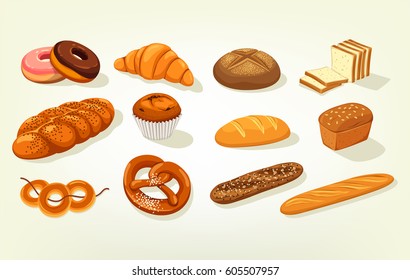 Set of bread food, sliced bricks of butterbrot bakery, anadama and baton or baguette, kifli and challah, bagel and kringle, french donut or doughnut, croissant, cake with raisins. Nutrition theme