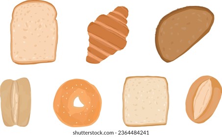 Set of bread hand drawn vector illustration. Toast, rye bread, wheat bread, whole grain bread, bagel, croissant.