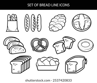 Set von BRead-Symbolen, einfach editierbare Vektorgrafiken, Baguette, Challa, Ciabatta, Sauerteig, Weißbrot, Brioche, Bagel, Brezel