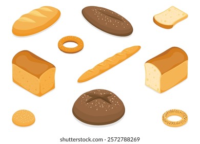 Set of  bread illustrations: rye, wheat, whole grain, sliced bread, bagel, french baguette, bun. Isometric flat vector isolated on white background