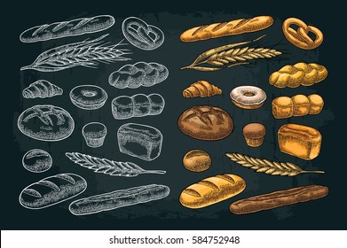 Set bread. Isolated on the black background. Vector color hand drawn vintage engraving illustration for poster, label and menu bakery shop.