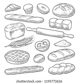 Set bread. Isolated on the white background. Vector black hand drawn vintage engraving illustration for poster, label and menu bakery shop.