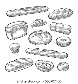 Set bread. Isolated on the white background. Bun, croissant, loaf, donut, baguette, doodle, cupcake, french, pretzel. Vector black vintage engraving illustration for poster, label and menu bakery shop