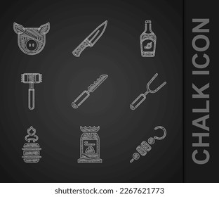 Set Bread knife, Barbecue coal bag, Grilled shish kebab, fork, Camping gas stove, Kitchen hammer, Ketchup bottle and Pig icon. Vector
