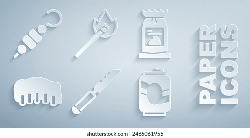 Set Bread knife, Barbecue coal bag, Grilled pork bbq ribs, Soda can, Burning match with fire and shish kebab icon. Vector