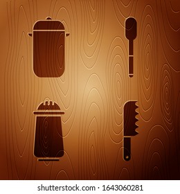 Set Bread knife, Cooking pot, Salt and pepper and Spoon on wooden background. Vector