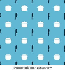 Set Bread knife and Cooking pot on seamless pattern. Vector
