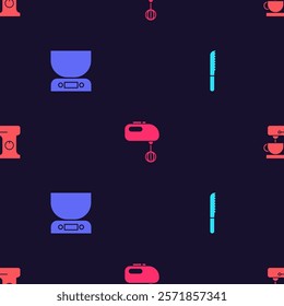 Set Bread knife, Electronic scales, Electric mixer and  on seamless pattern. Vector