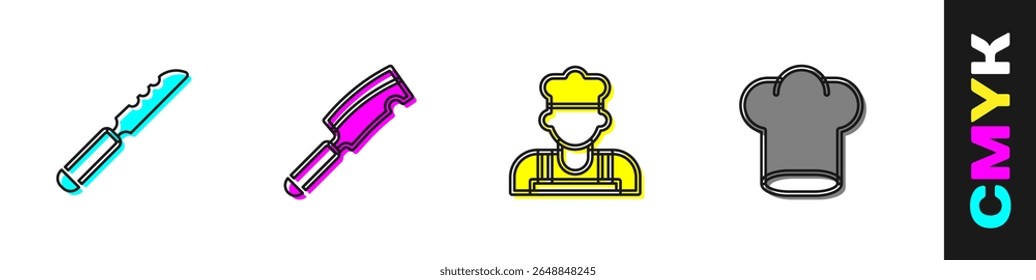 Set Bread knife, Meat chopper, Cook and Chef hat icon. Vector