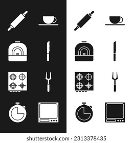 Set Bread knife, Oven, Rolling pin, Coffee cup, Gas stove, Barbecue fork, Electronic scales and Kitchen timer icon. Vector