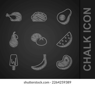 Set Bread loaf, Banana, Steak meat, Watermelon, Ice cream, Pear, Avocado fruit and Roasted turkey or chicken icon. Vector