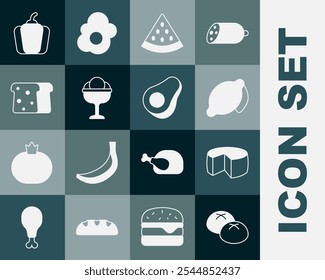 Set Bread loaf, Cheese, Lemon, Watermelon, Ice cream in the bowl, toast, Bell pepper and Avocado fruit icon. Vector