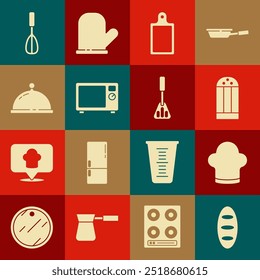 Set Bread loaf, Chef hat, Salt, Cutting board, Microwave oven, Covered with tray of food, Kitchen whisk and Spatula icon. Vector