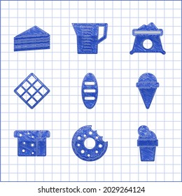 Set Bread loaf, Donut, Ice cream, in waffle cone, toast, Waffle, Bag of flour and Cake icon. Vector
