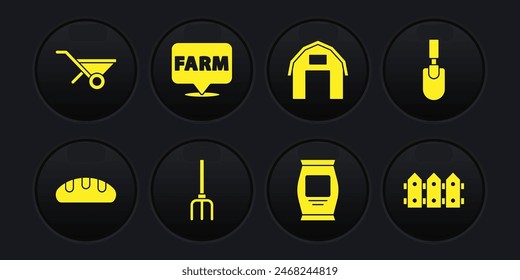 Set Bread loaf, Garden trowel spade or shovel, pitchfork, Fertilizer bag, Farm house, Location farm, fence wooden and Wheelbarrow icon. Vector