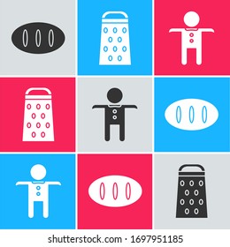 Set Brot Loaf , Grater und Holiday Lebkuchen Mann Cookie Symbol. Vektorillustration