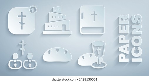 Set Bread loaf, Holy bible book, Priest, Goblet and bread, Babel tower story and Online church pastor preaching icon. Vector