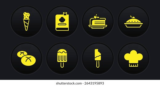 Set Bread loaf, Homemade pie, Ice cream, Piece of cake, Cookbook, Chef hat and in waffle cone icon. Vector