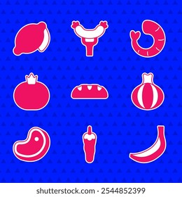 Set Bread loaf, Hot chili pepper, Banana, Onion, Steak meat, Tomato, Shrimp and Lemon icon. Vector