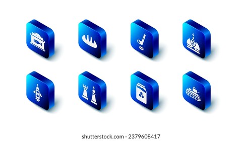 Set Brot-Loaf, Eishockeystick und -puck, King-Kronen, Military-Panzer, Honig Jar, Schach, Raketenschiff und Zinn kann mit Kaviar-Ikone. Vektorgrafik
