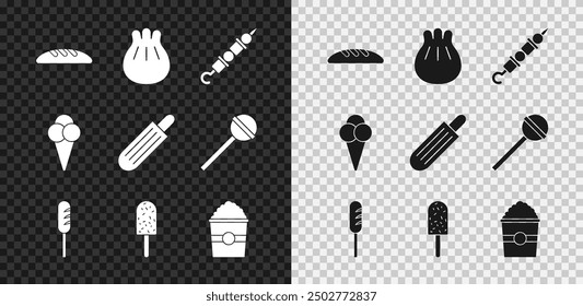 Set Pan de pan, Khinkali en la tabla de cortar, kebab de pescado a la parrilla, salchicha frita, helado, caja de palomitas de maíz, cono de gofre y el icono de perro caliente francés. Vector