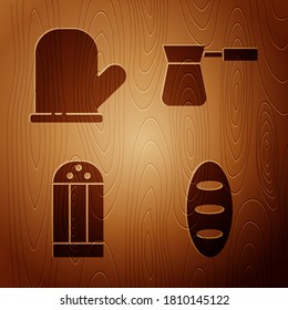 Set Bread loaf, Oven glove, Salt and Coffee turk on wooden background. Vector