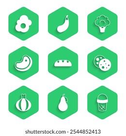 Set Bread loaf, Pear, Ice cream in waffle, Cookie with chocolate, Onion, Steak meat, Broccoli and Scrambled egg icon. Vector