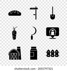 Set Bread loaf, Scythe, Shovel, Farm house, Paper package for milk, Garden fence wooden, Carrot and Sickle icon. Vector