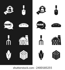 Set Bread loaf, Speech bubble with Farm, house in hand, Garden trowel spade or shovel, rake, Bale of hay and Corn icon. Vector