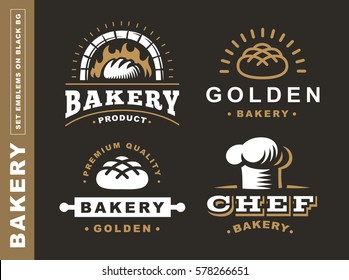 Set bread logo - vector illustration. Bakery emblem design on black background