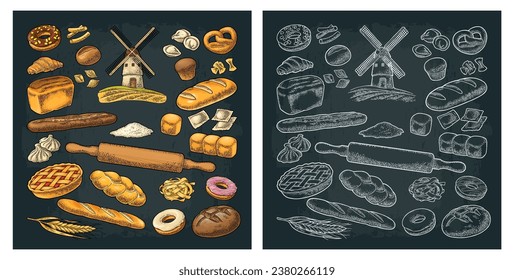Set bread. Mill on wheat field. Vector color and black hand drawn vintage engraving illustration for poster, label and menu bakery shop. Isolated on the dark texture background.