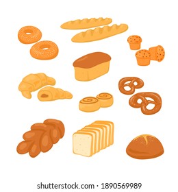 Set of bread on a white background in the cartoon style. Fresh and testy rye and wheat bread, croissant, pretzel, muffin, bagel, roll, toast bread, baguette.