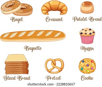 Set of bread and pastry bakery products illustration