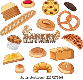 Set of bread and pastry bakery products illustration