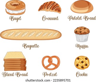 Set of bread and pastry bakery products illustration