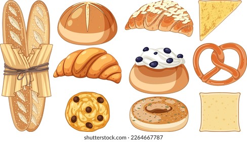 Set of bread and pastry bakery products illustration