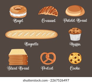 Set of bread and pastry bakery products illustration