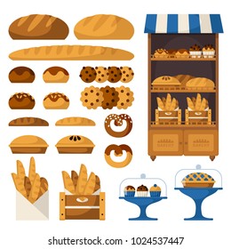 Set of bread products, bakery items, coffee shop elements and bakery showcase. Illustration for a bakery or cafe.