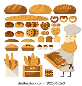 Set of bread products, bakery items, coffee shop elements and bakery showcase. Illustration for a bakery or cafe.