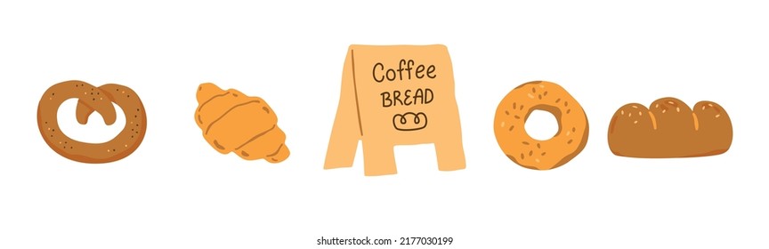 Set of bread products, bakery items, coffee shop elements and bakery with bread, buns and croissant. Minimal vector illustration in cartoon style. Cute hand-drawn lettering at outdoor bakery sign. 