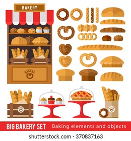 Set of bread products, bakery items, coffee shop elements and bakery showcase. Illustration in a flat style for a bakery or cafe.