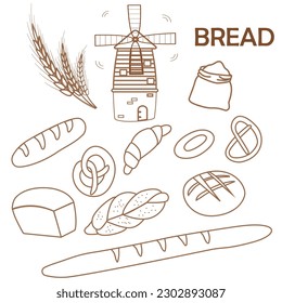 A set of bread and rolls in a linear style. Vector illustration of a collection of bakery products in one color.