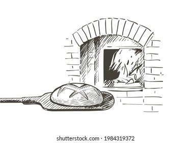 Set of bread, shovel, baked in a wood-fired oven. Wood-burning hot crust yellow shades loaf baking. Vector vintage Hand-draw illustration line sketch