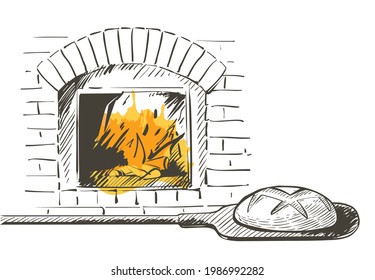 Set of bread, shovel, baked in a wood-fired oven. Wood-burning hot crust yellow shades loaf baking. Vector vintage Hand-draw illustration line sketch