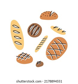 Set of bread. Simple flat illustration for bakery or restaurant. Isolated on white background.