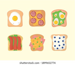 set of bread with stuff in the top of it vector illustration design