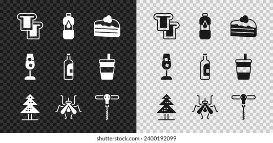 Set Bread toast, Bottle of water, Piece cake, Tree, Mosquito, Wine corkscrew, glass and wine icon. Vector